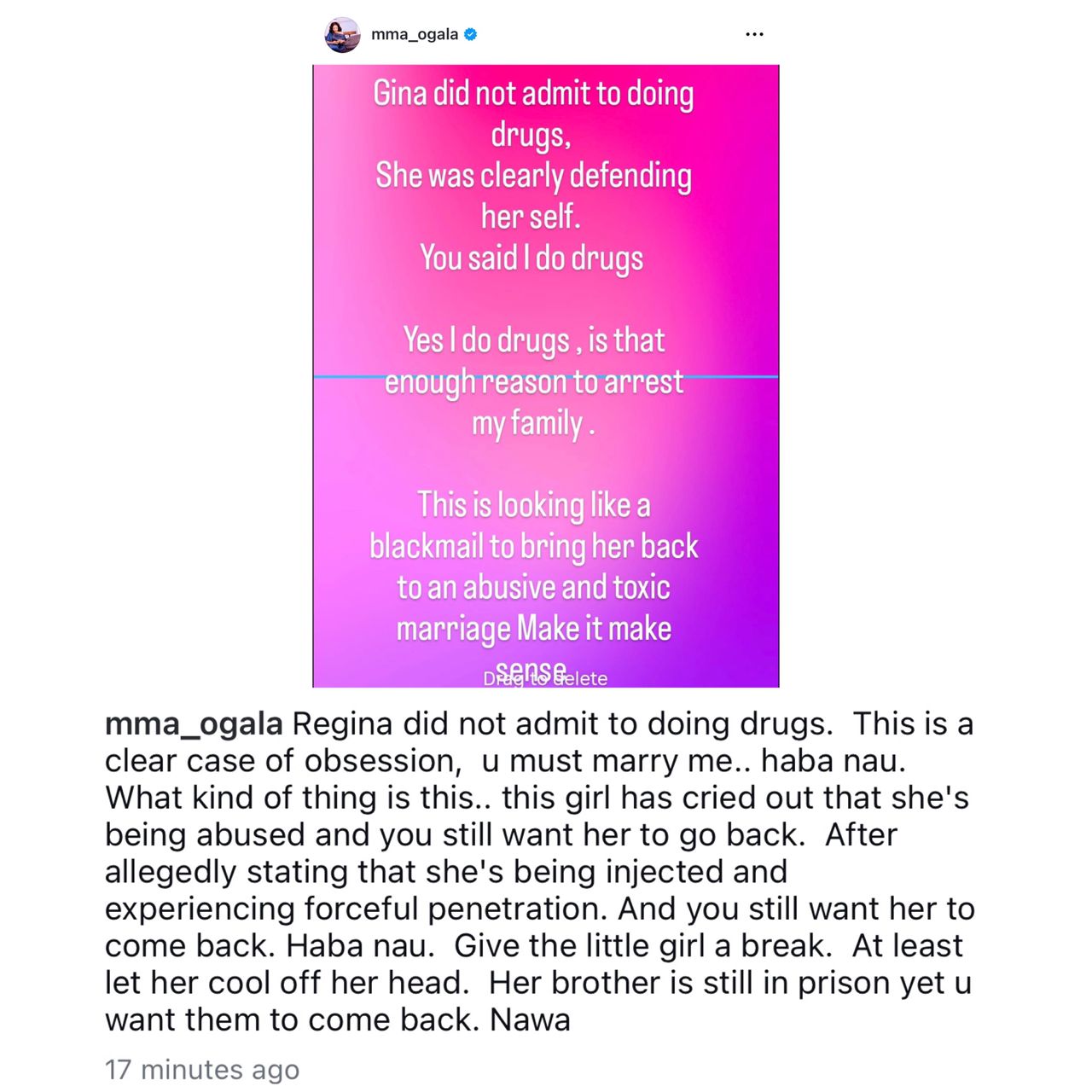 Regina did not admit to doing drugs. She was clearly defending her self- actress Doris Ogala